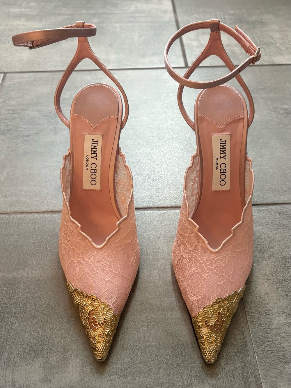 Jimmy Choo Faiz Pink Lace Pointed-Toe Ankle Strap Heels with Gold Tip
